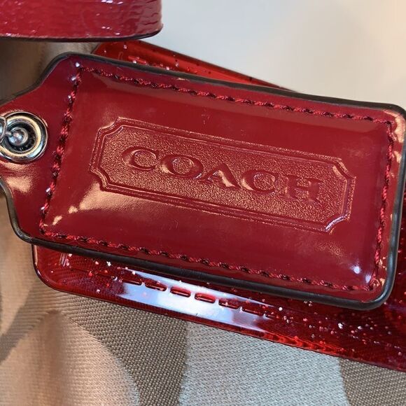 Coach Purse Khaki Red Daisy Signature Sateen Poppy Tote Leather Handles Heart - Picture 6 of 15